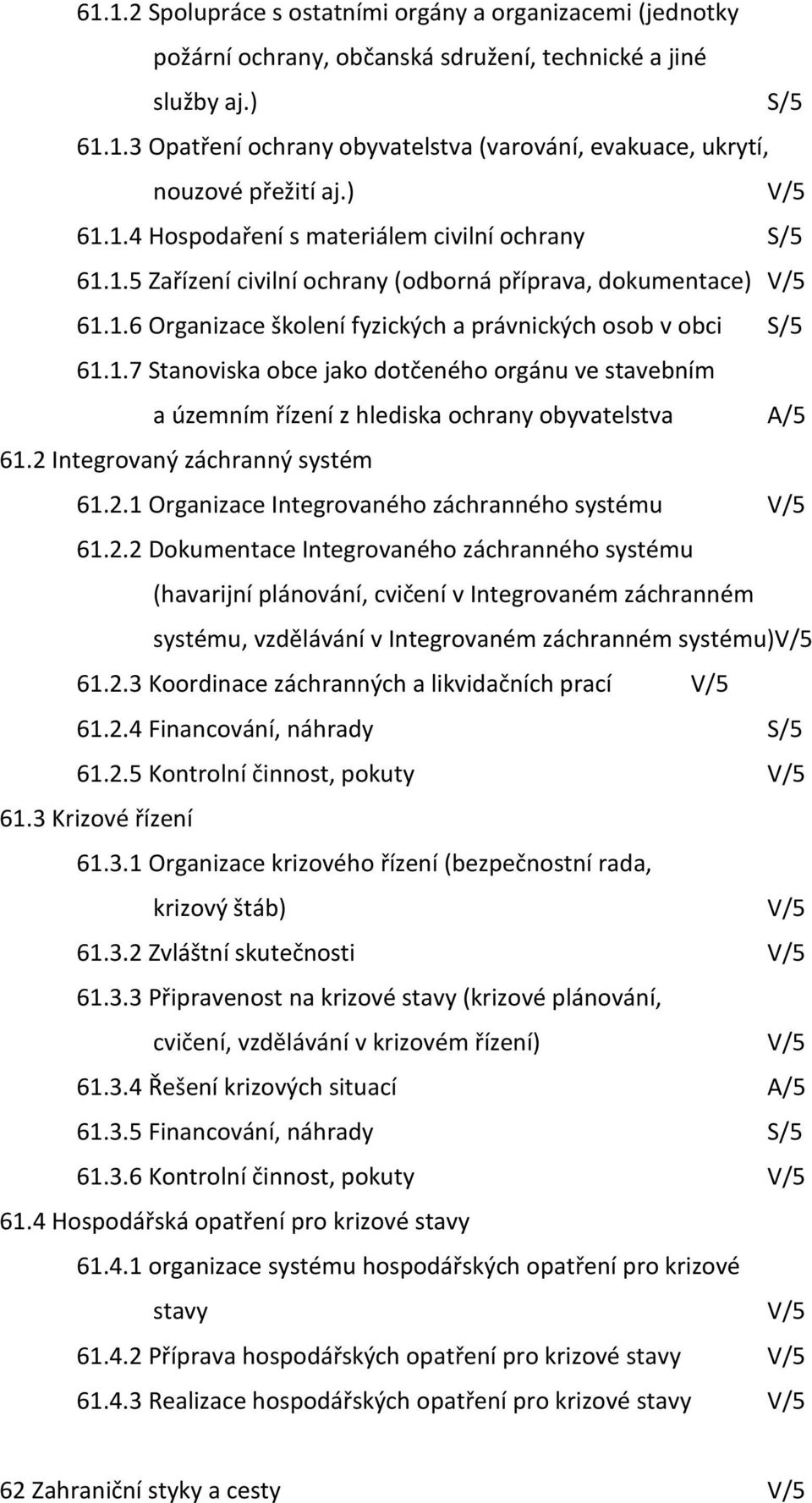 2 Integrovaný záchranný systém 61.2.1 Organizace Integrovaného záchranného systému V/5 61.2.2 Dokumentace Integrovaného záchranného systému (havarijní plánování, cvičení v Integrovaném záchranném systému, vzdělávání v Integrovaném záchranném systému)v/5 61.