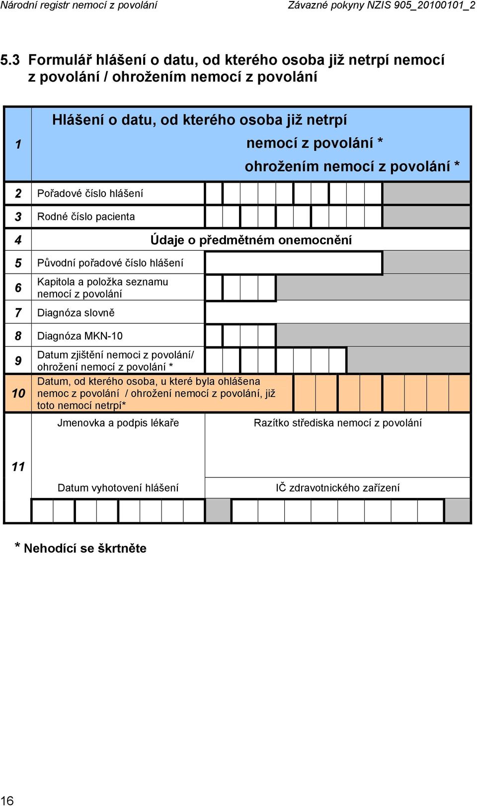 2 Pořadové číslo hlášení 3 Rodné číslo pacienta 4 Údaje o předmětném onemocnění 5 Původní pořadové číslo hlášení Kapitola a položka seznamu 6 nemocí z povolání 7 Diagnóza slovně 8 Diagnóza MKN-10 9