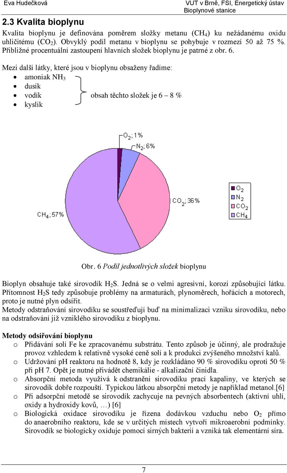 Mezi další látky, které jsou v bioplynu obsaţeny řadíme: amoniak NH 3 dusík vodík obsah těchto sloţek je 6 8 % kyslík Obr. 6 Podíl jednotlivých složek bioplynu Bioplyn obsahuje také sirovodík H 2 S.