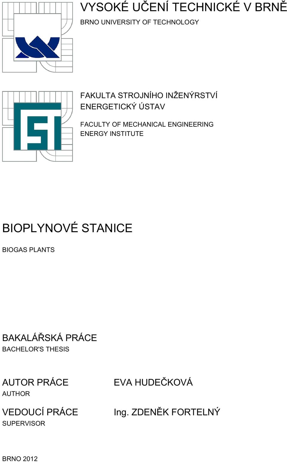 INSTITUTE BIOPLYNOVÉ STANICE BIOGAS PLANTS BAKALÁŘSKÁ PRÁCE BACHELOR'S THESIS