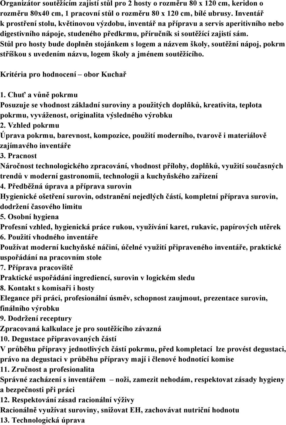 Stůl pro hosty bude doplněn stojánkem s logem a názvem školy, soutěžní nápoj, pokrm stříškou s uvedením názvu, logem školy a jménem soutěžícího. Kritéria pro hodnocení obor Kuchař 1.