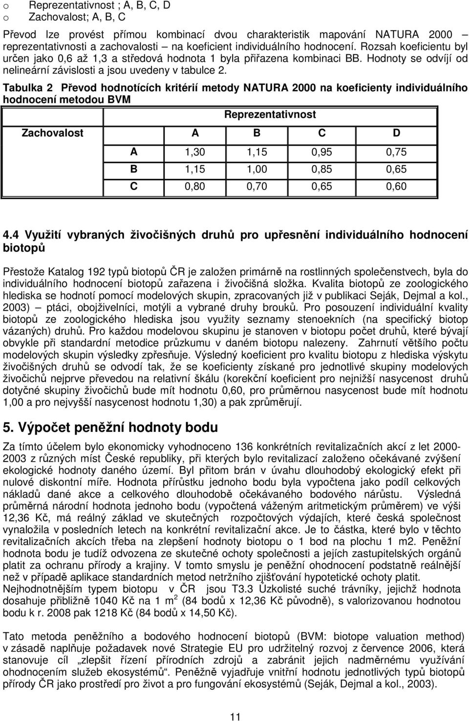 Tabulka 2 Převod hodnotících kritérií metody NATURA 2000 na koeficienty individuálního hodnocení metodou BVM Reprezentativnost Zachovalost A B C D A 1,30 1,15 0,95 0,75 B 1,15 1,00 0,85 0,65 C 0,80