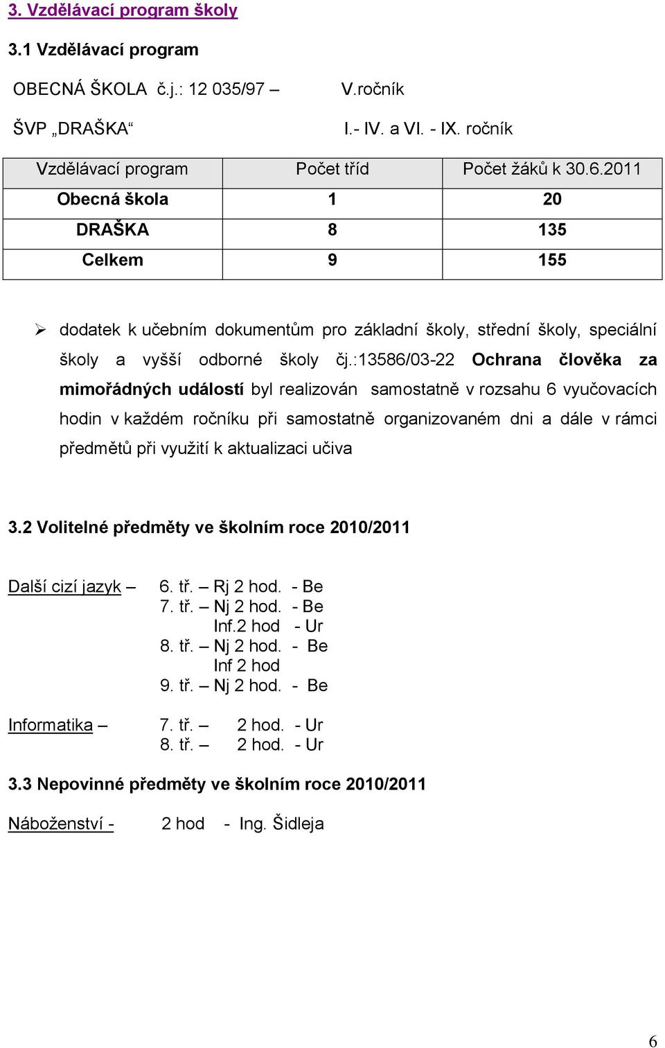 :13586/03-22 Ochrana člověka za mimořádných událostí byl realizován samostatně v rozsahu 6 vyučovacích hodin v každém ročníku při samostatně organizovaném dni a dále v rámci předmětů při využití k