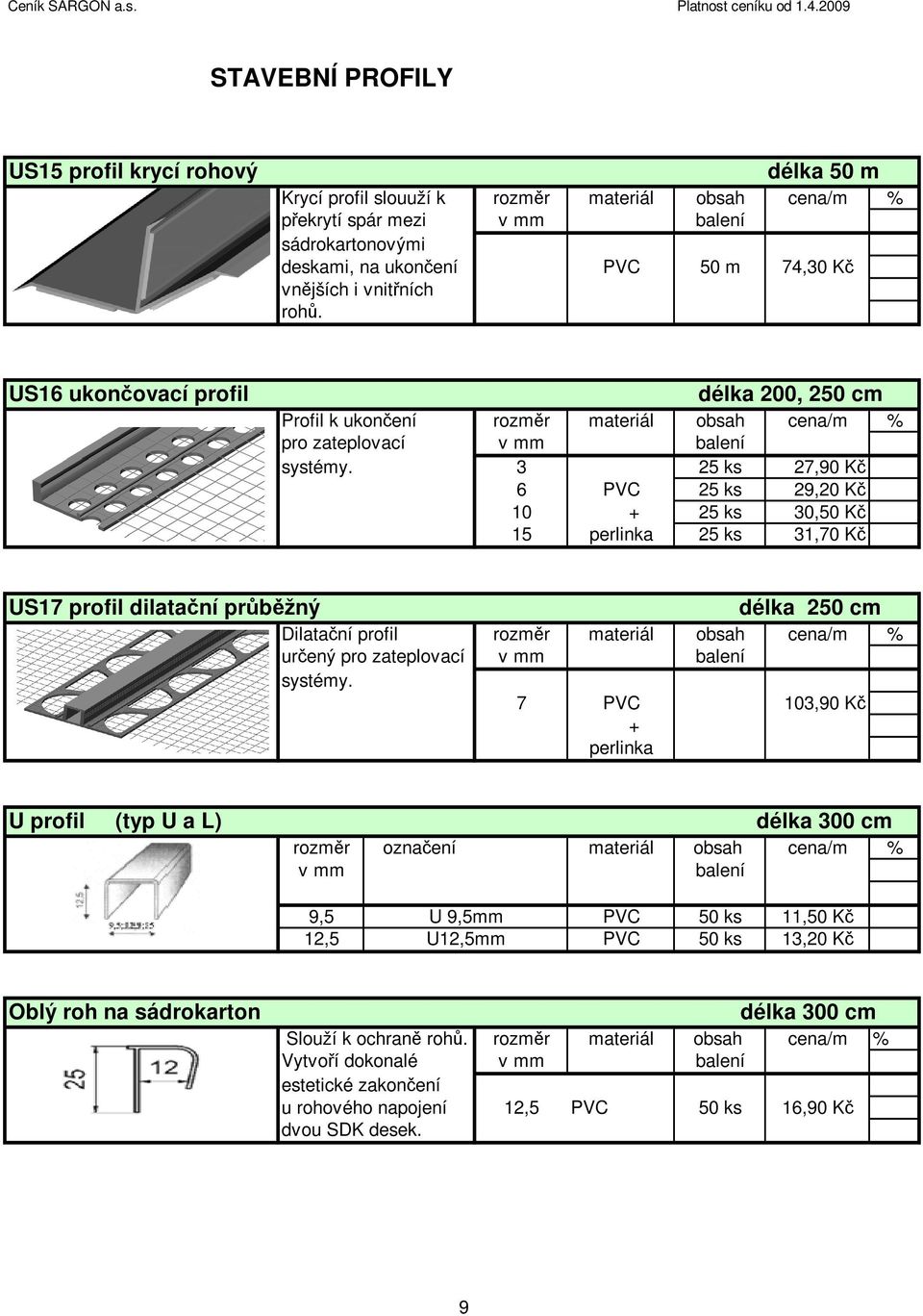 vnitřních rohů. US16 ukončovací profil délka 200, 250 cm Profil k ukončení rozměr materiál obsah cena/m % pro zateplovací systémy.