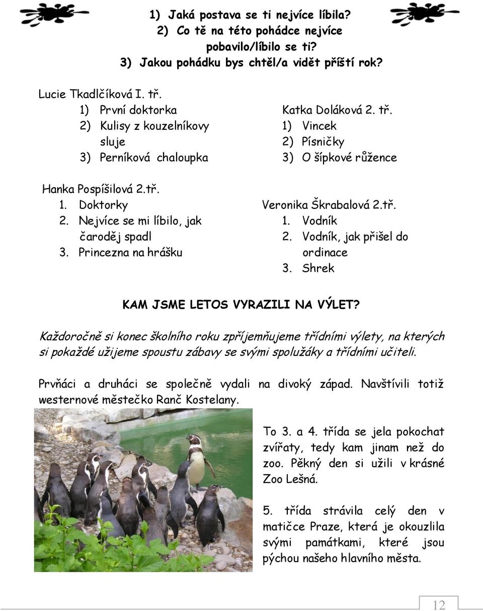 1) Vincek 2) Písničky 3) O šípkové růţence Veronika Škrabalová 2.tř. 1. Vodník 2. Vodník, jak přišel do ordinace 3. Shrek KAM JSME LETOS VYRAZILI NA VÝLET?