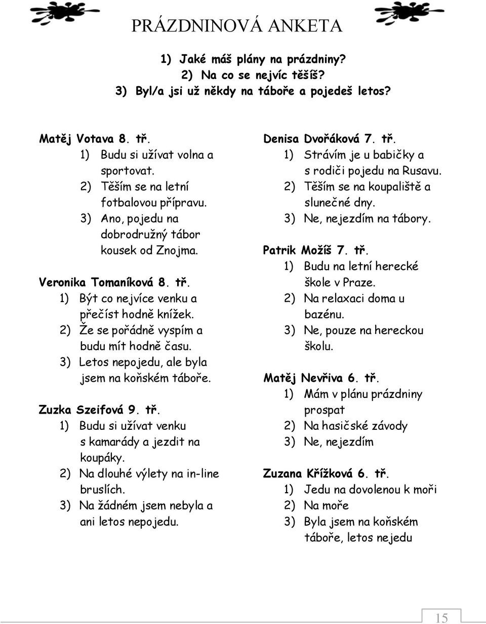 2) Ţe se pořádně vyspím a budu mít hodně času. 3) Letos nepojedu, ale byla jsem na koňském táboře. Zuzka Szeifová 9. tř. 1) Budu si uţívat venku s kamarády a jezdit na koupáky.