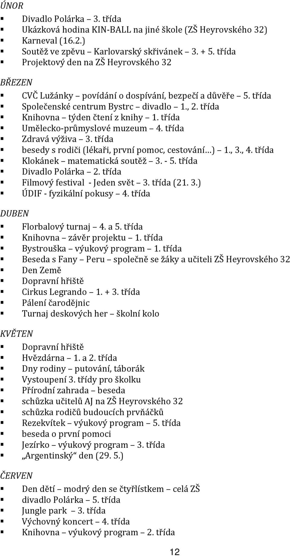 třída Umělecko-průmyslové muzeum 4. třída Zdravá výživa 3. třída besedy s rodiči (lékaři, první pomoc, cestování ) 1., 3., 4. třída Klokánek matematická soutěž 3. - 5. třída Divadlo Polárka 2.