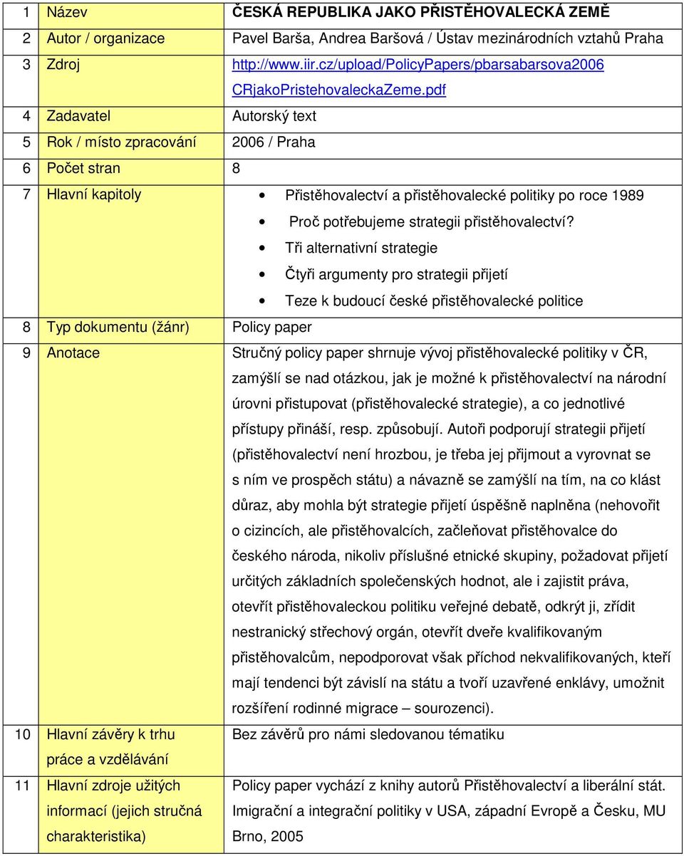 pdf 4 Zadavatel Autorský text 5 Rok / místo zpracování 2006 / Praha 6 Počet stran 8 7 Hlavní kapitoly Přistěhovalectví a přistěhovalecké politiky po roce 1989 Proč potřebujeme strategii