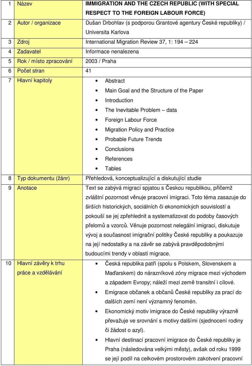 the Paper Introduction The Inevitable Problem data Foreign Labour Force Migration Policy and Practice Probable Future Trends Conclusions References Tables 8 Typ dokumentu (žánr) Přehledová,