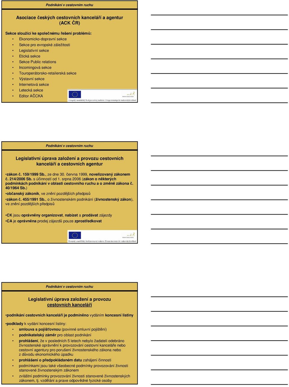 cestovních agentur zákon č. 159/1999 Sb., ze dne 30. června 1999, novelizovaný zákonem č. 214/2006 Sb. s účinností od 1.