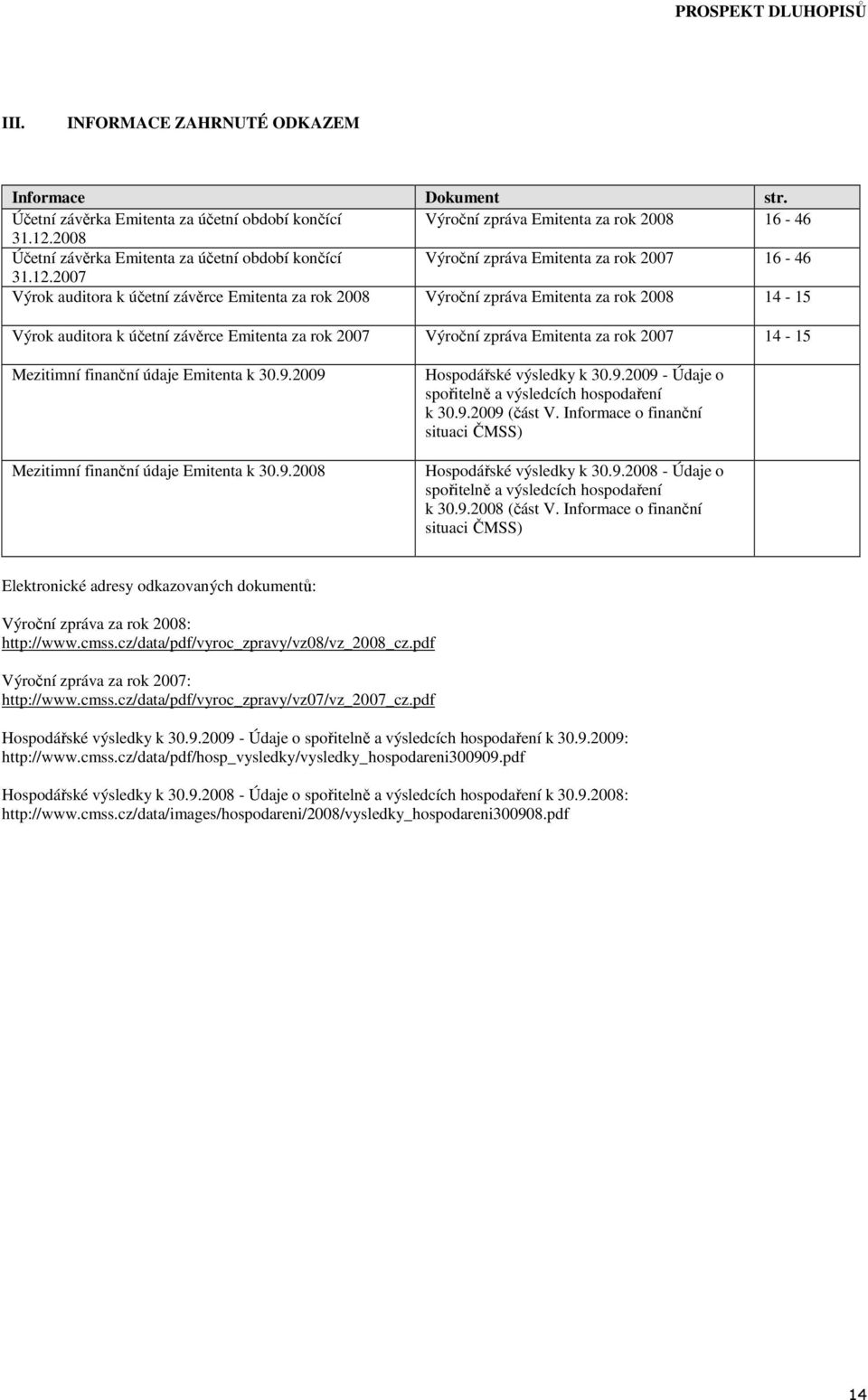 2007 Výrok auditora k účetní závěrce Emitenta za rok 2008 Výroční zpráva Emitenta za rok 2008 14-15 Výrok auditora k účetní závěrce Emitenta za rok 2007 Výroční zpráva Emitenta za rok 2007 14-15