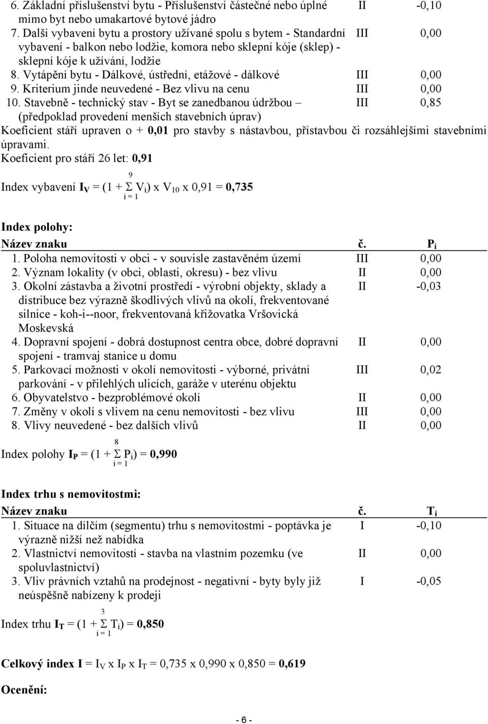 Vytápění bytu - Dálkové, ústřední, etážové - dálkové III 0,00 9. Kriterium jinde neuvedené - Bez vlivu na cenu III 0,00 10.