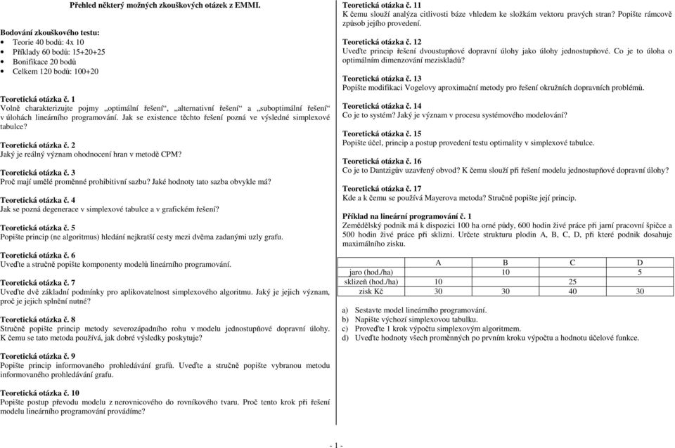 Teoretická otázka č. 2 Jaký je reálný význam ohodnocení hran v metodě CPM? Teoretická otázka č. 3 Proč mají umělé proměnné prohibitivní sazbu? Jaké hodnoty tato sazba obvykle má? Teoretická otázka č. 4 Jak se pozná degenerace v simplexové tabulce a v grafickém řešení?