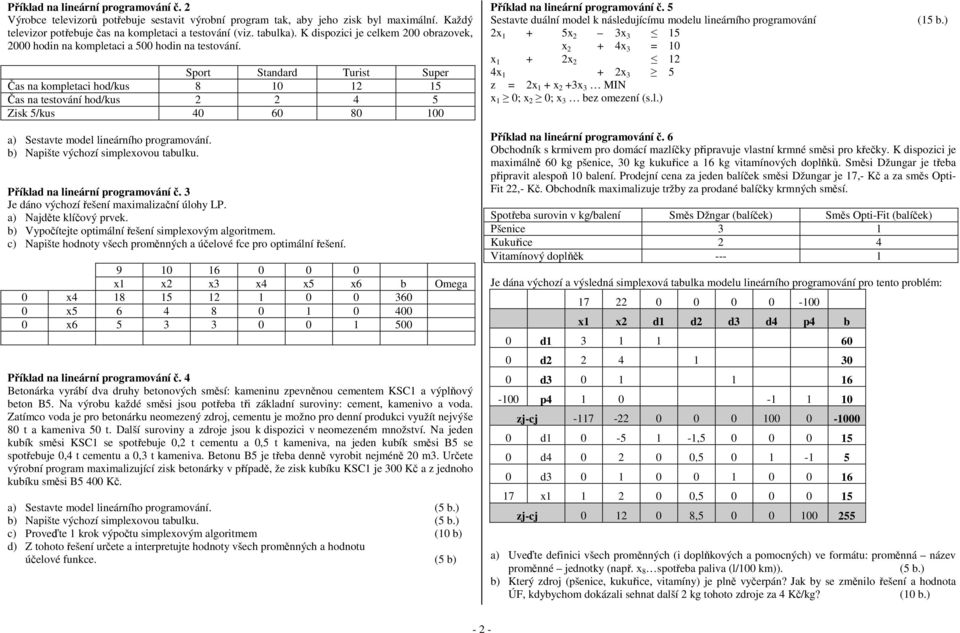 Sport Standard Turist Super Čas na kompletaci hod/kus 8 0 2 5 Čas na testování hod/kus 2 2 4 5 Zisk 5/kus 40 60 80 00 a) Sestavte model lineárního programování. b) Napište výchozí simplexovou tabulku.