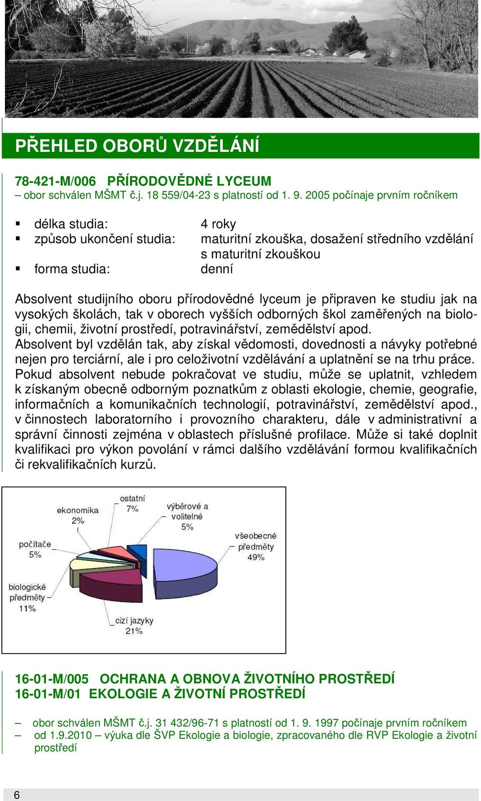 přírodovědné lyceum je připraven ke studiu jak na vysokých školách, tak v oborech vyšších odborných škol zaměřených na biologii, chemii, životní prostředí, potravinářství, zemědělství apod.