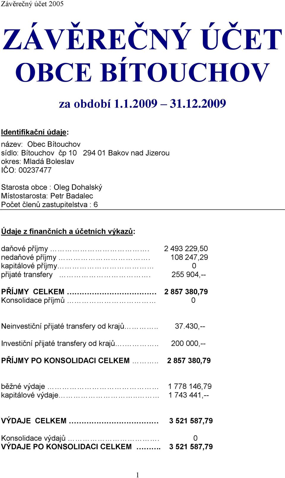 Počet členů zastupitelstva : 6 Údaje z finančních a účetních výkazů: daňové příjmy. 2 493 229,50 nedaňové příjmy. 108 247,29 kapitálové příjmy 0 přijaté transfery.