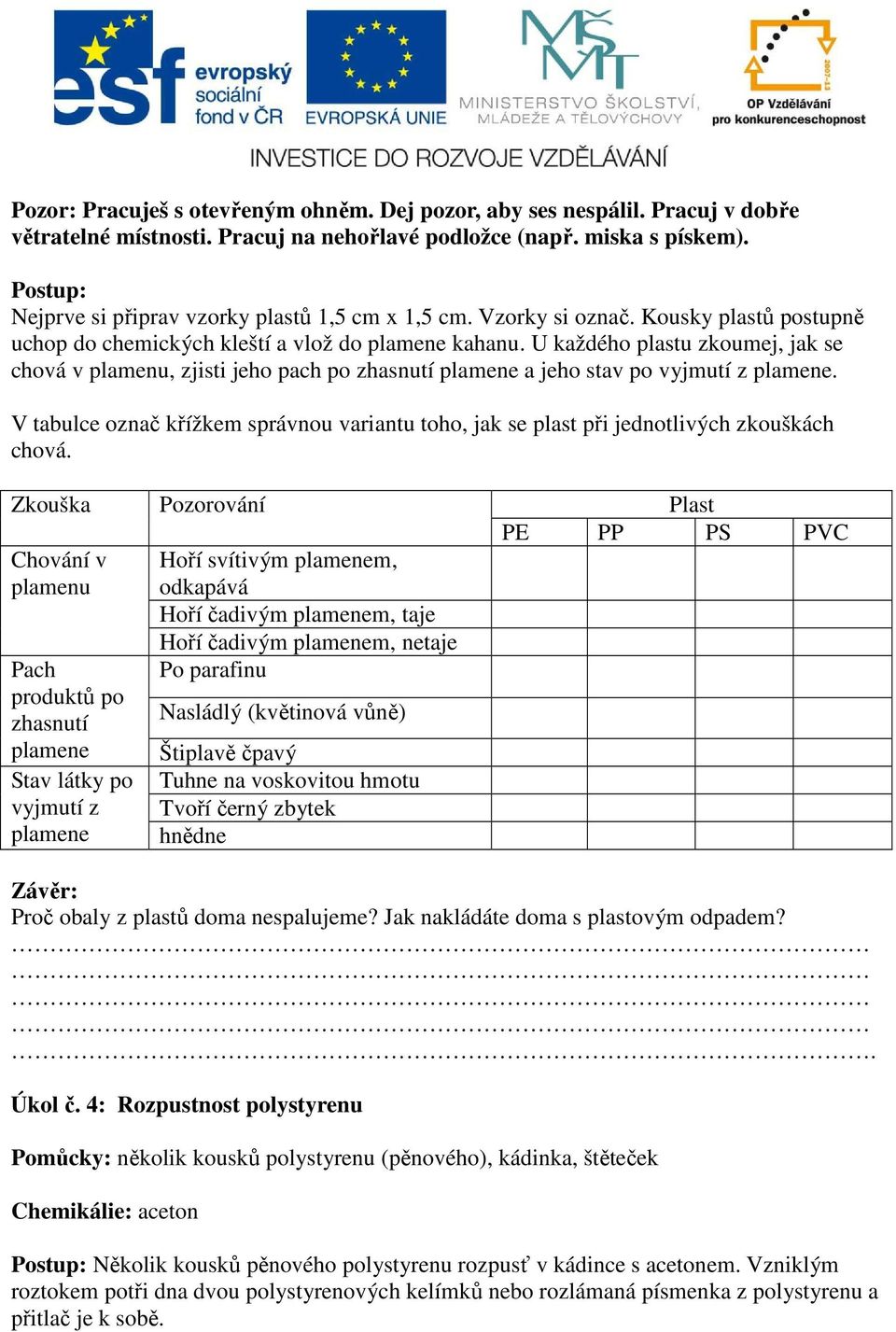 U každého plastu zkoumej, jak se chová v plamenu, zjisti jeho pach po zhasnutí plamene a jeho stav po vyjmutí z plamene.