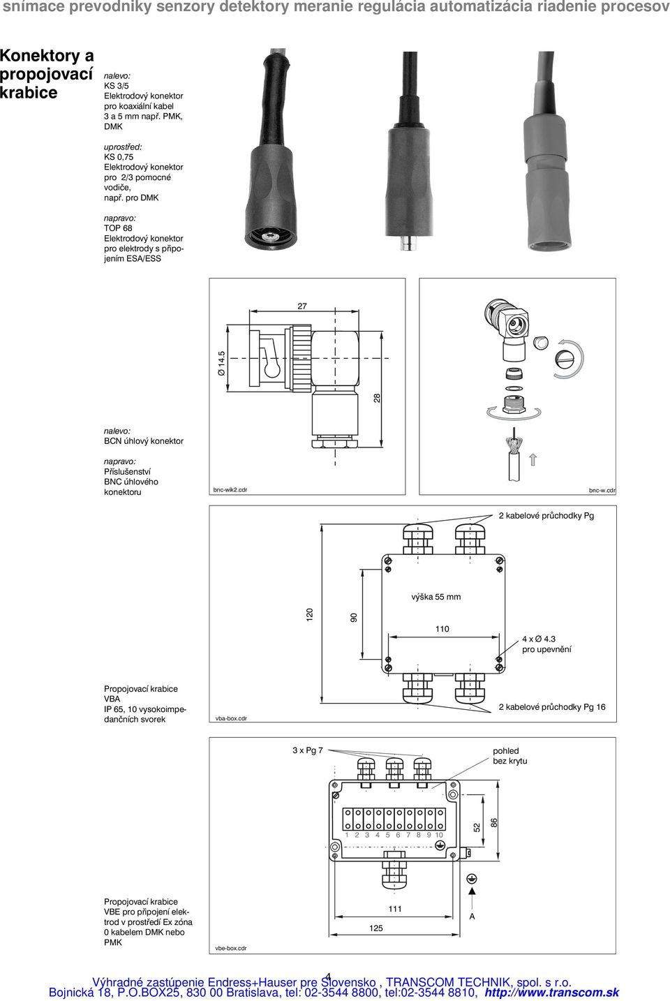 cdr bnc-w.cdr 2 kabelové průchodky Pg výška 55 mm 120 90 110 4 x Ø 4.3 pro upevnění Propojovací krabice VBA IP 65, 10 vysokoimpedančních svorek vba-box.