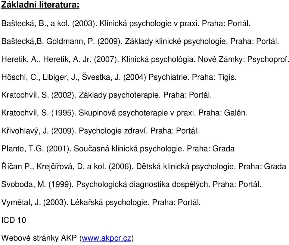 Kratochvíl, S. (1995). Skupinová psychoterapie v praxi. Praha: Galén. Křivohlavý, J. (2009). Psychologie zdraví. Praha: Portál. Plante, T.G. (2001). Současná klinická psychologie.