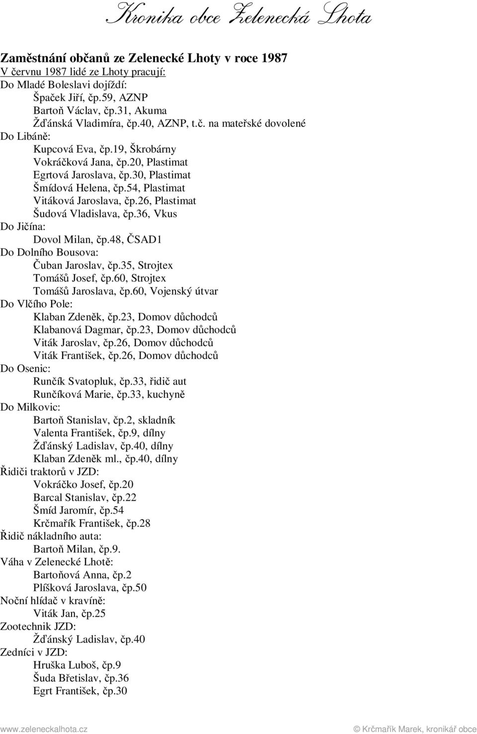 54, Plastimat Vitáková Jaroslava, čp.26, Plastimat Šudová Vladislava, čp.36, Vkus Do Jičína: Dovol Milan, čp.48, ČSAD1 Do Dolního Bousova: Čuban Jaroslav, čp.35, Strojtex Tomášů Josef, čp.