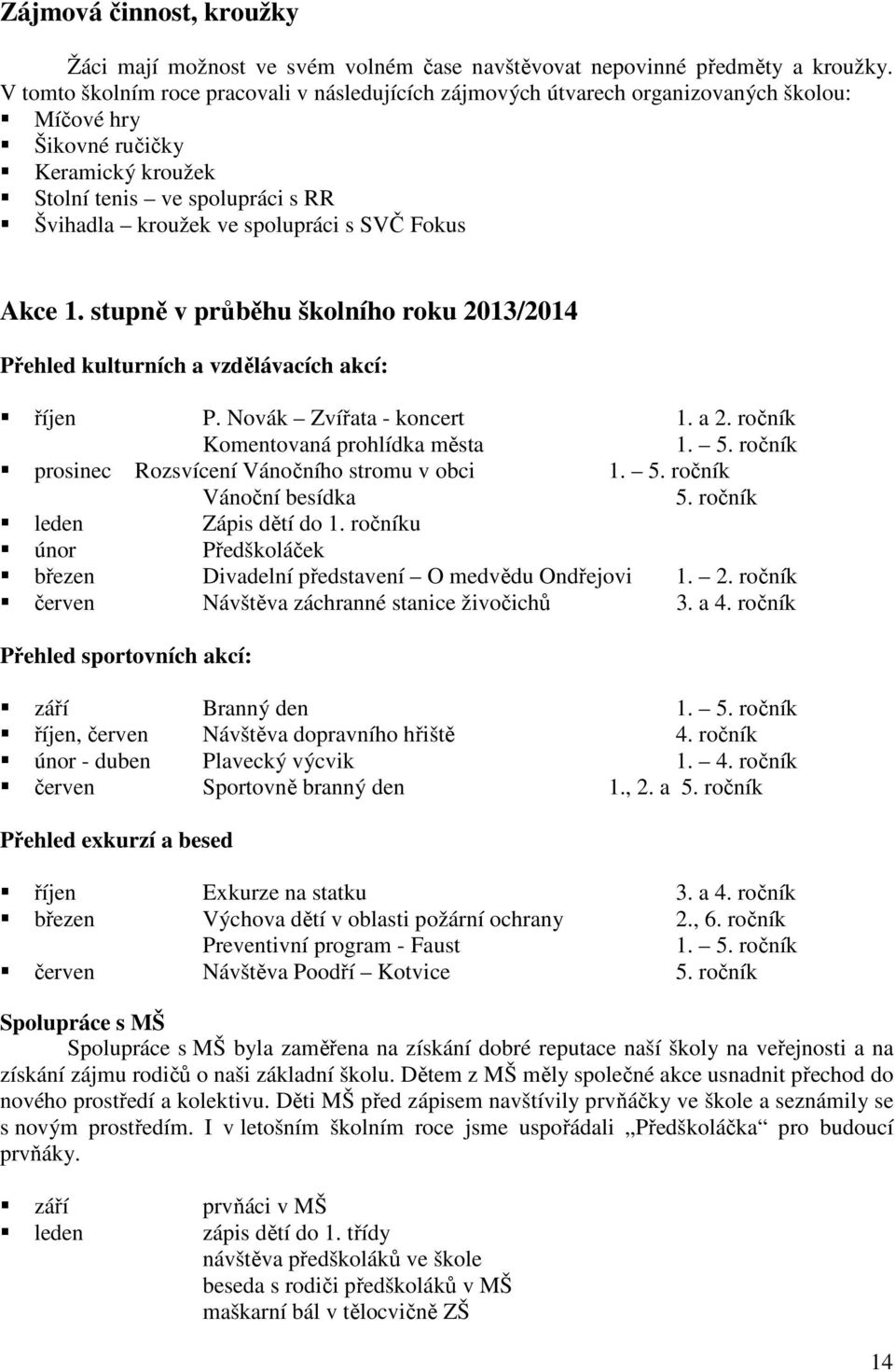 SVČ Fokus Akce 1. stupně v průběhu školního roku 2013/2014 Přehled kulturních a vzdělávacích akcí: říjen P. Novák Zvířata - koncert 1. a 2. ročník Komentovaná prohlídka města 1. 5.