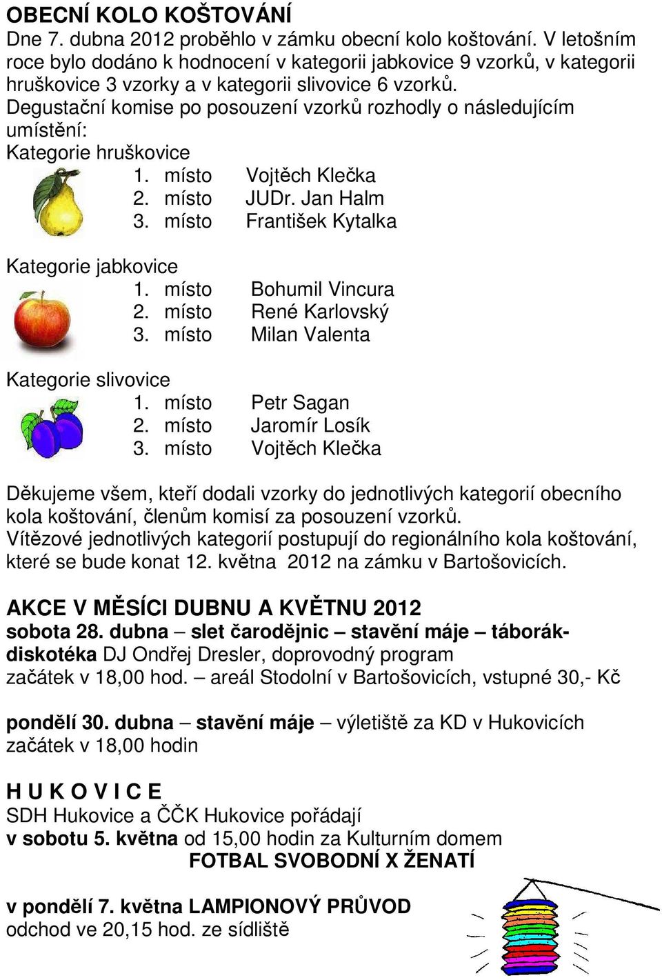 Degustační komise po posouzení vzorků rozhodly o následujícím umístění: Kategorie hruškovice 1. místo Vojtěch Klečka 2. místo JUDr. Jan Halm 3. místo František Kytalka Kategorie jabkovice 1.