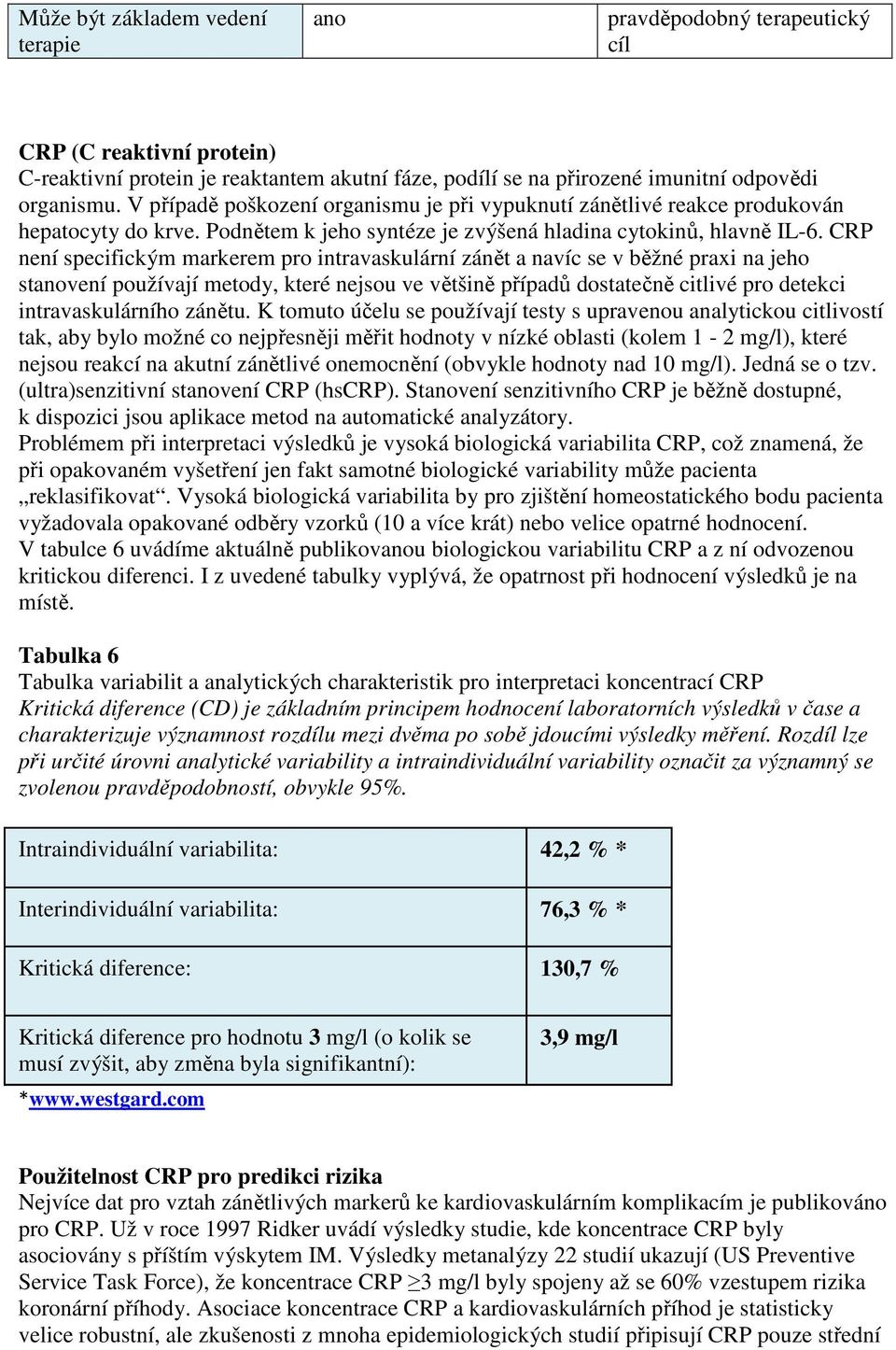 CRP není specifickým markerem pro intravaskulární zánět a navíc se v běžné praxi na jeho stanovení používají metody, které nejsou ve většině případů dostatečně citlivé pro detekci intravaskulárního