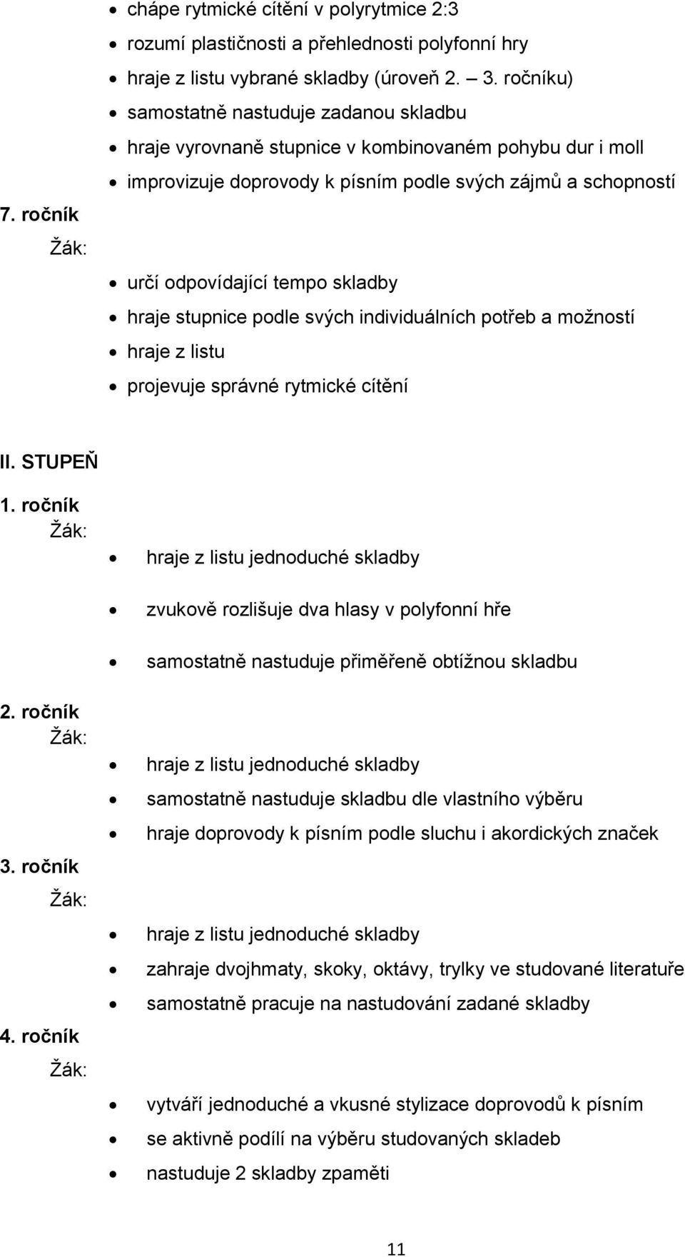 svých individuálních ptřeb a mžnstí hraje z listu prjevuje správné rytmické cítění II. STUPEŇ 1. rčník 2. rčník 3. rčník 4.