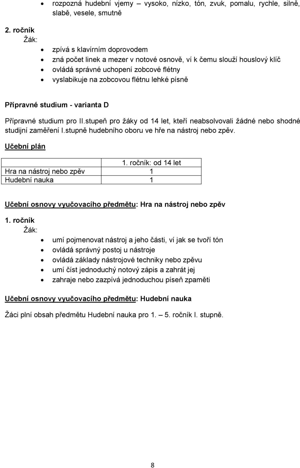 stupeň pr žáky d 14 let, kteří neabslvvali žádné neb shdné studijní zaměření I.stupně hudebníh bru ve hře na nástrj neb zpěv. Učební plán 1.