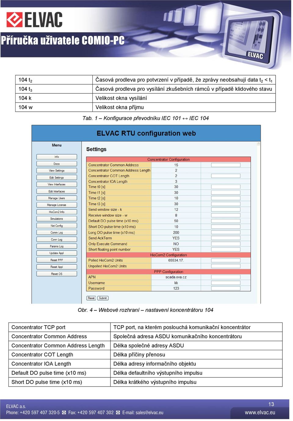 4 Webové rozhraní nastavení koncentrátoru 104 Concentrator TCP port Concentrator Common Address Concentrator Common Address Length Concentrator COT Length Concentrator IOA Length Default DO