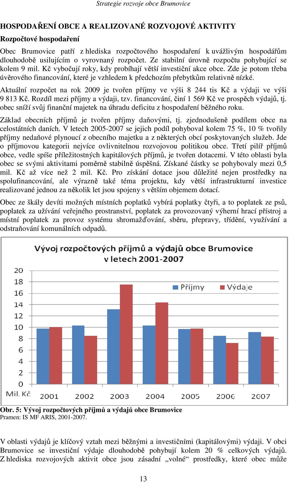 Zde je potom třeba úvěrového financování, které je vzhledem k předchozím přebytkům relativně nízké. Aktuální rozpočet na rok 2009 je tvořen příjmy ve výši 8 244 tis Kč a výdaji ve výši 9 813 Kč.