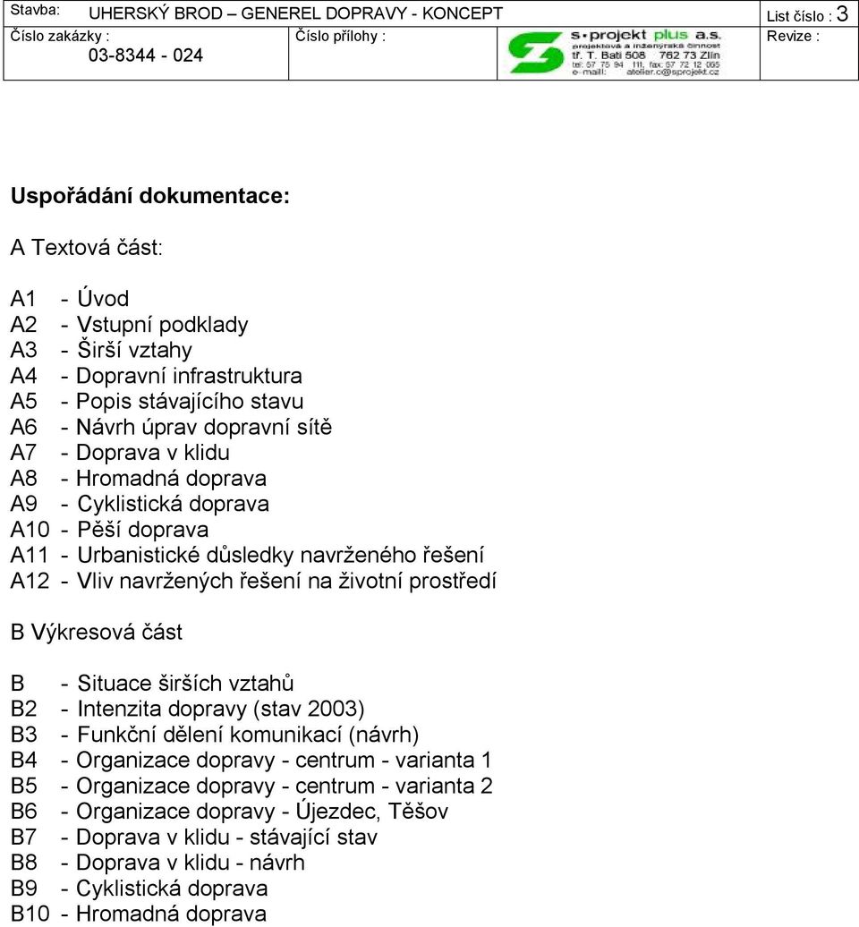 B Výkresová část B - Situace širších vztahů B2 - Intenzita dopravy (stav 2003) B3 - Funkční dělení komunikací (návrh) B4 - Organizace dopravy - centrum - varianta 1 B5 - Organizace