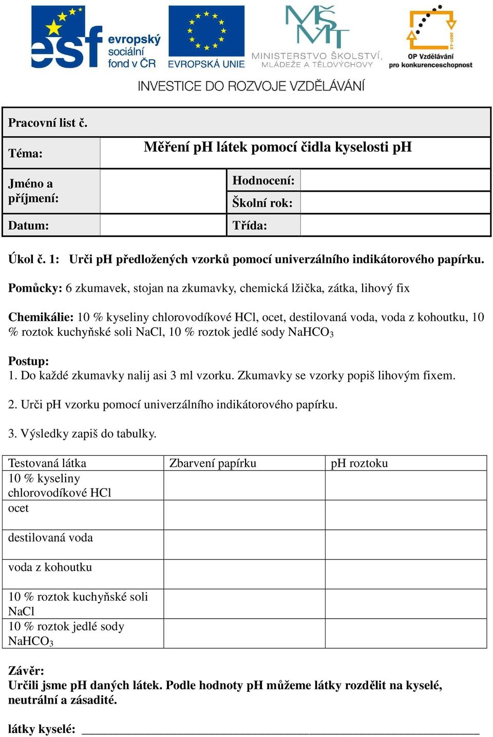 Pomůcky: 6 zkumavek, stojan na zkumavky, chemická lžička, zátka, lihový fix Chemikálie:,,,, 10 % roztok kuchyňské soli, Postup: 1.