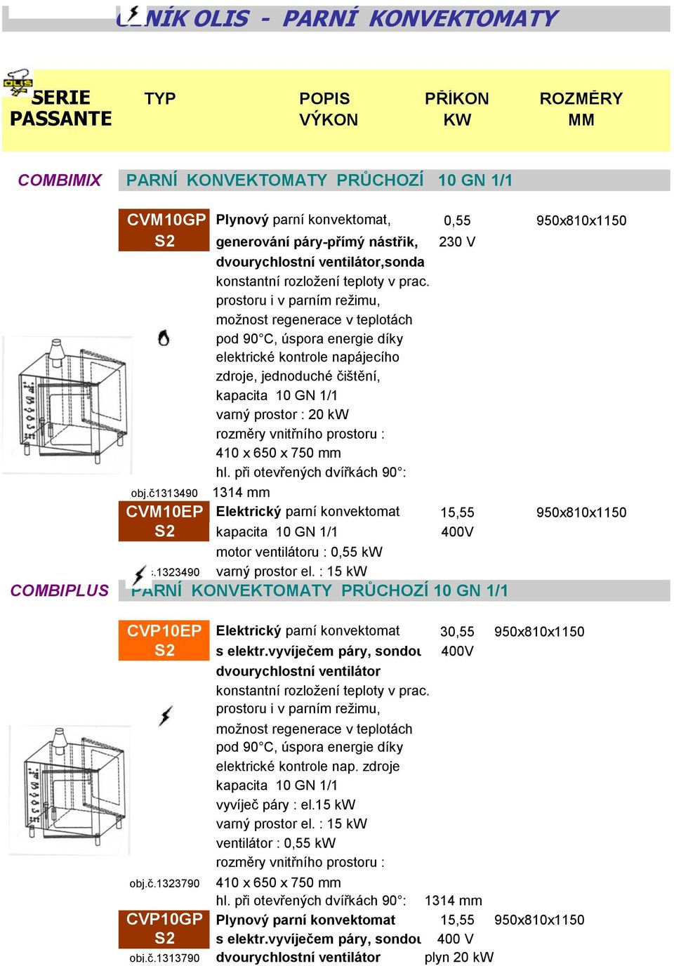 : 15 kw COMBIPLUS PARNÍ KONVEKTOMATY PRŮCHOZÍ 10 GN 1/1 CVP10EP Elektrický parní konvektomat 30,55 950x810x1150 S2 s elektr.vyvíječem páry, sondou, dvourychlostní ventilátor elektrické kontrole nap.