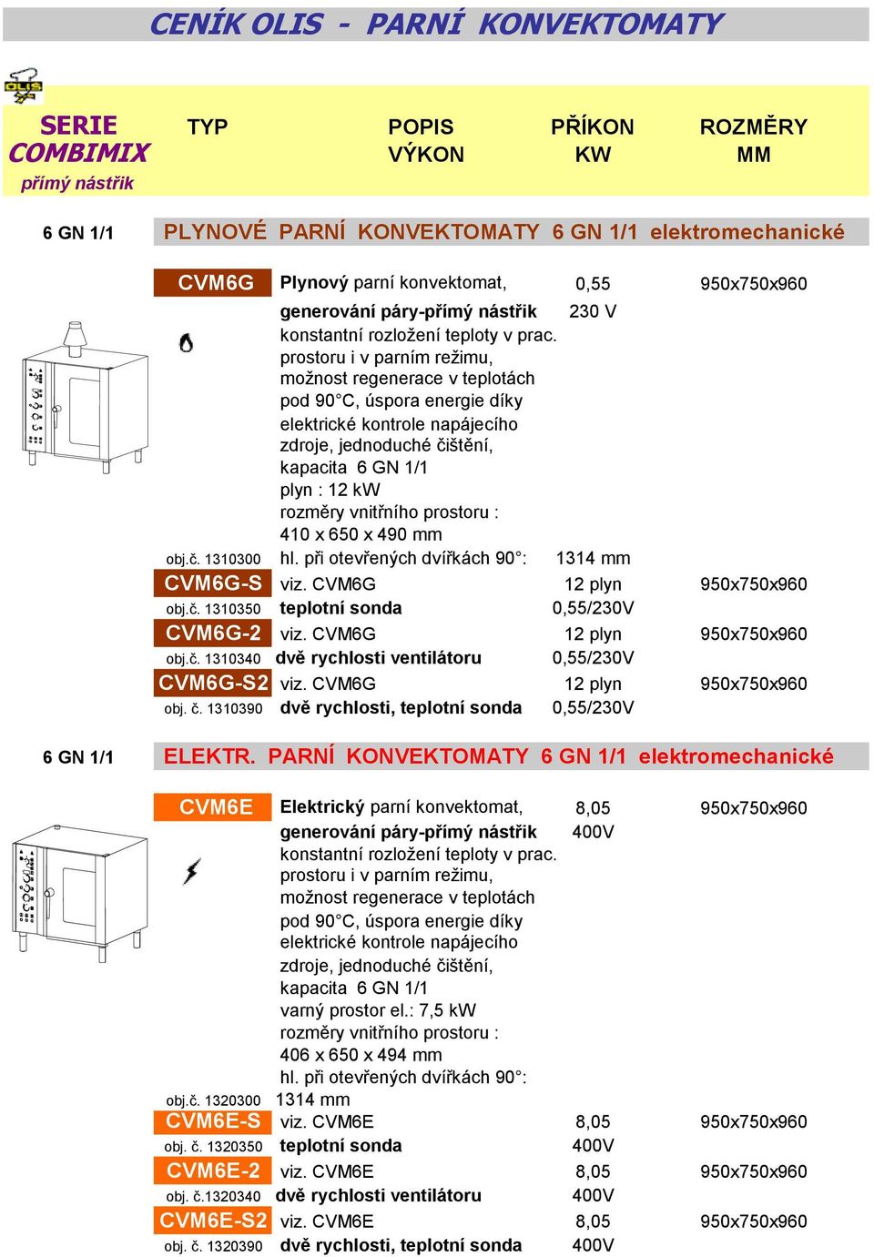 CVM6G 12 plyn 950x750x960 obj. č. 1310390 dvě rychlosti, teplotní sonda 0,55/230V 6 GN 1/1 ELEKTR.