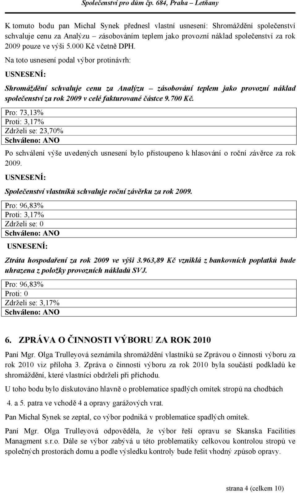 700 Kč. Pro: 73,13% Proti: 3,17% Zdrželi se: 23,70% Schváleno: ANO Po schválení výše uvedených usnesení bylo přistoupeno k hlasování o roční závěrce za rok 2009.