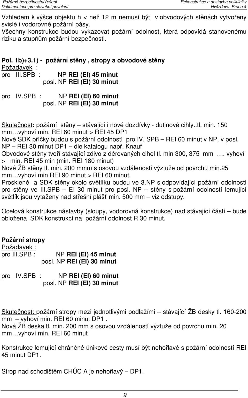 SPB : NP REI (EI) 45 minut posl. NP REI (EI) 30 minut pro IV.SPB : NP REI (EI) 60 minut posl. NP REI (EI) 30 minut Skutečnost: požární stěny stávající i nové dozdívky - dutinové cihly..tl. min. 150 mm vyhoví min.