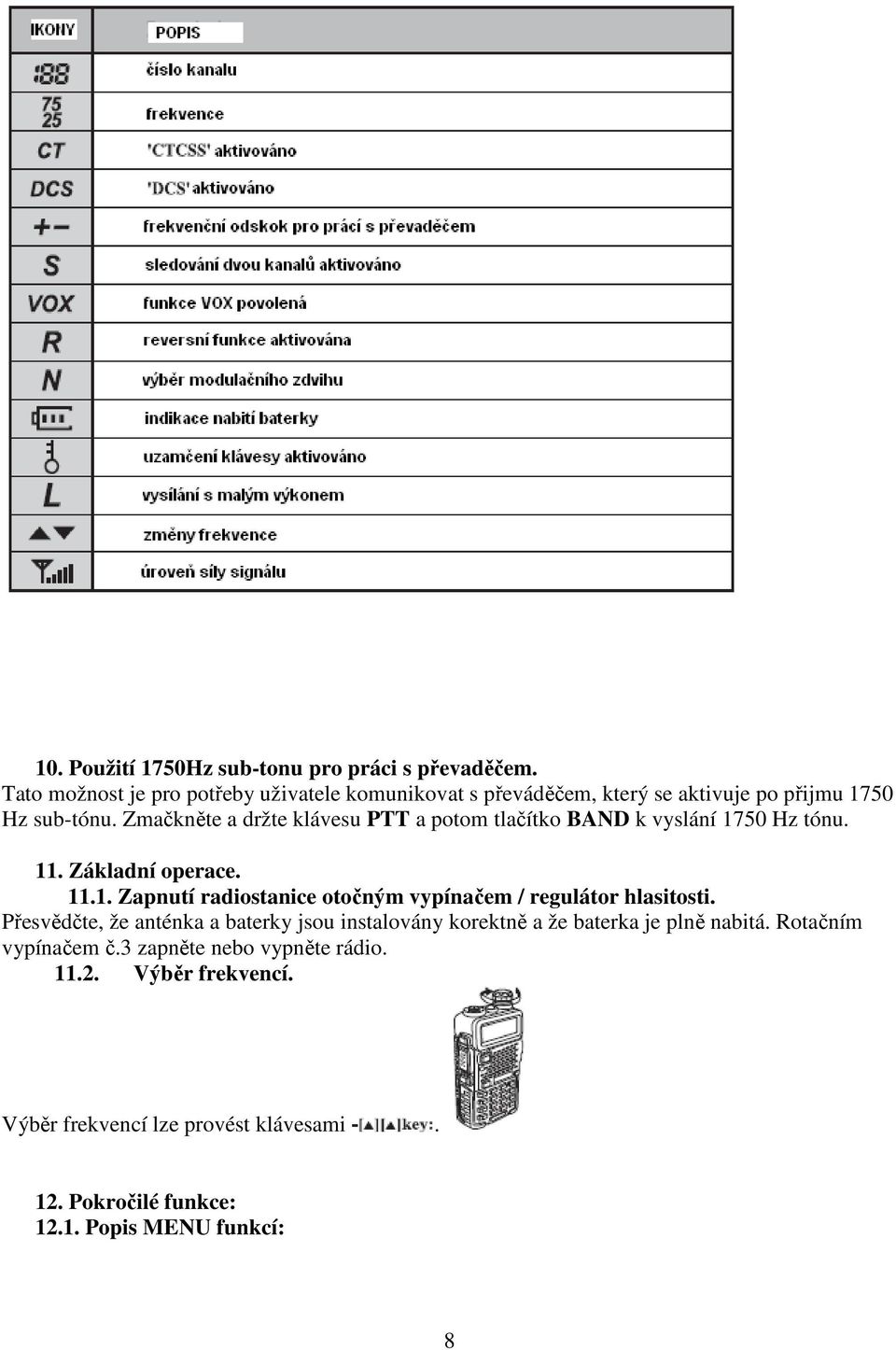 Zmačkněte a držte klávesu PTT a potom tlačítko BAND k vyslání 1750 Hz tónu. 11. Základní operace. 11.1. Zapnutí radiostanice otočným vypínačem / regulátor hlasitosti.