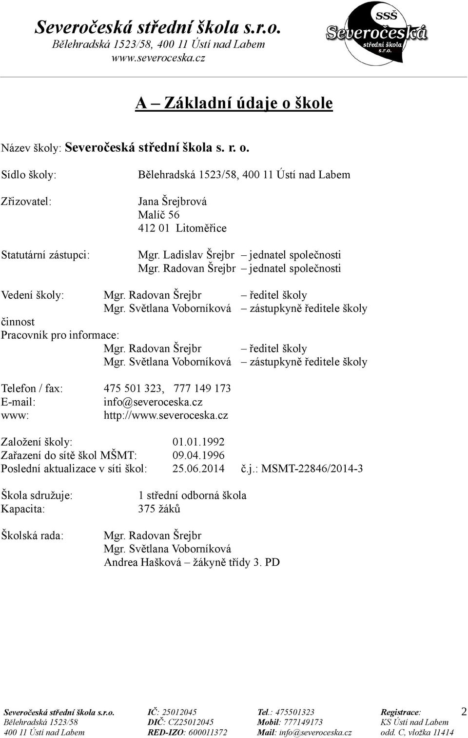 Světlana Voborníková zástupkyně ředitele školy činnost Pracovník pro informace: Mgr. Radovan Šrejbr ředitel školy Mgr.