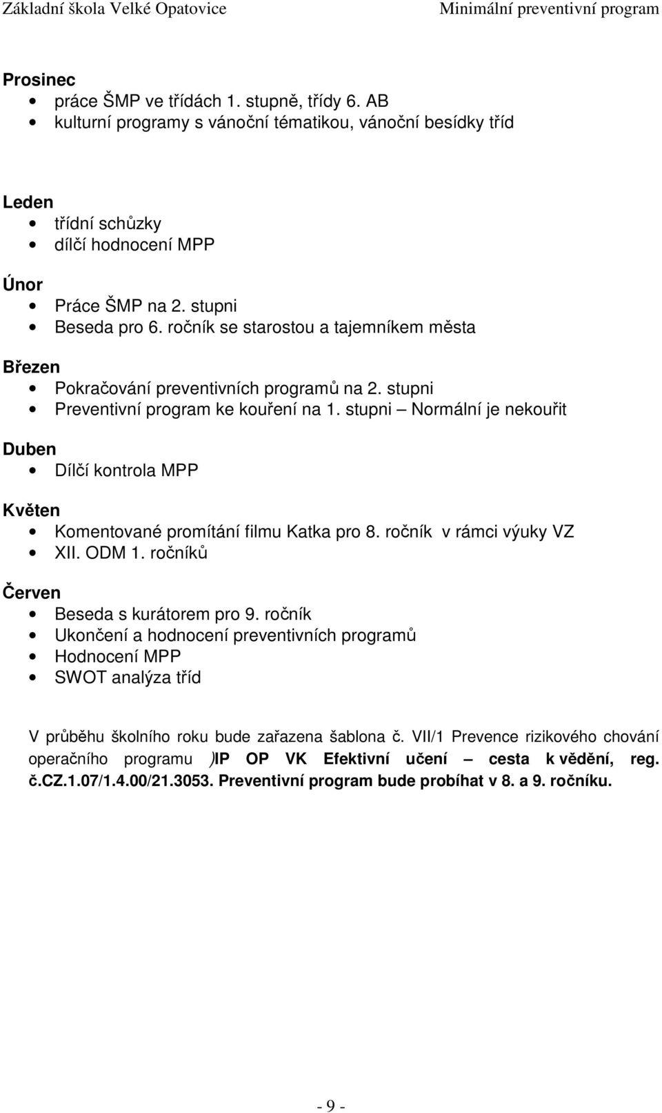 stupni Normální je nekouřit Duben Dílčí kontrola MPP Květen Komentované promítání filmu Katka pro 8. ročník v rámci výuky VZ XII. ODM 1. ročníků Červen Beseda s kurátorem pro 9.