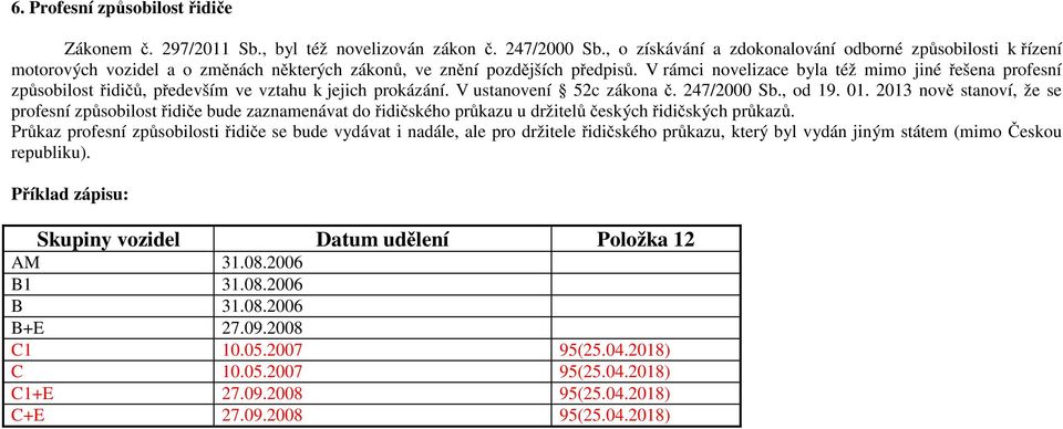 V rámci novelizace byla též mimo jiné řešena profesní způsobilost řidičů, především ve vztahu k jejich prokázání. V ustanovení 52c zákona č. 247/2000 Sb., od 19. 01.