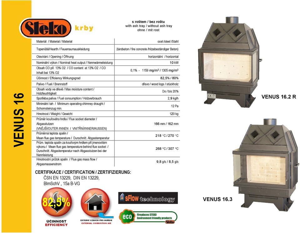 horizontální / horizontal 10 kw 0,1% - 1159 mg/m 3 / 1305 mg/m 3 Účinnost / Efficiency Wirkungsgrad 82,5% / 80% Palivo / Fuel / Brennstoff dřevo / wood logs / stückholz Obsah vody ve dřevě / Max