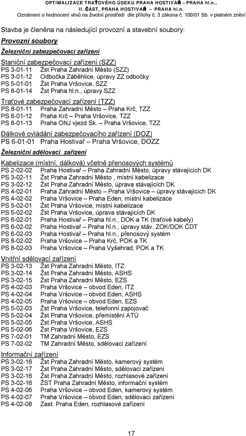 , úpravy SZZ Traťové zabezpečovací zařízení (TZZ) PS 8-01-11 Praha Zahradní Město Praha Krč, TZZ PS 8-01-12 Praha Krč Praha Vršovice, TZZ PS 8-01-13 Praha ONJ vjezd Sk.