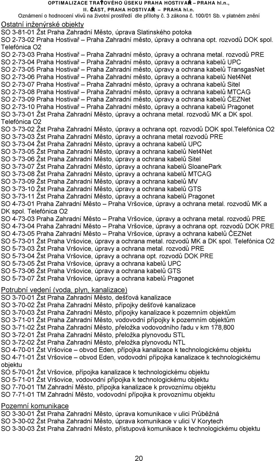 rozvodů PRE SO 2-73-04 Praha Hostivař Praha Zahradní město, úpravy a ochrana kabelů UPC SO 2-73-05 Praha Hostivař Praha Zahradní město, úpravy a ochrana kabelů TransgasNet SO 2-73-06 Praha Hostivař