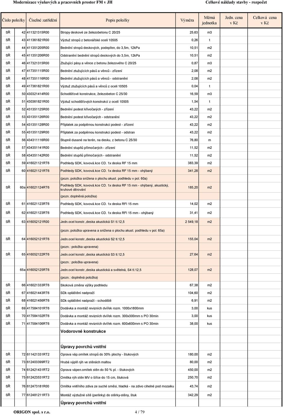 podepřen, do 3,5m, 12kPa 10,51 m2 SŘ 45 411351206R00 Odstranění bednění stropů deskových do 3,5m, 12kPa 10,51 m2 SŘ 46 417321315R00 Ztužující pásy a věnce z betonu železového C 20/25 0,87 m3 SŘ 47