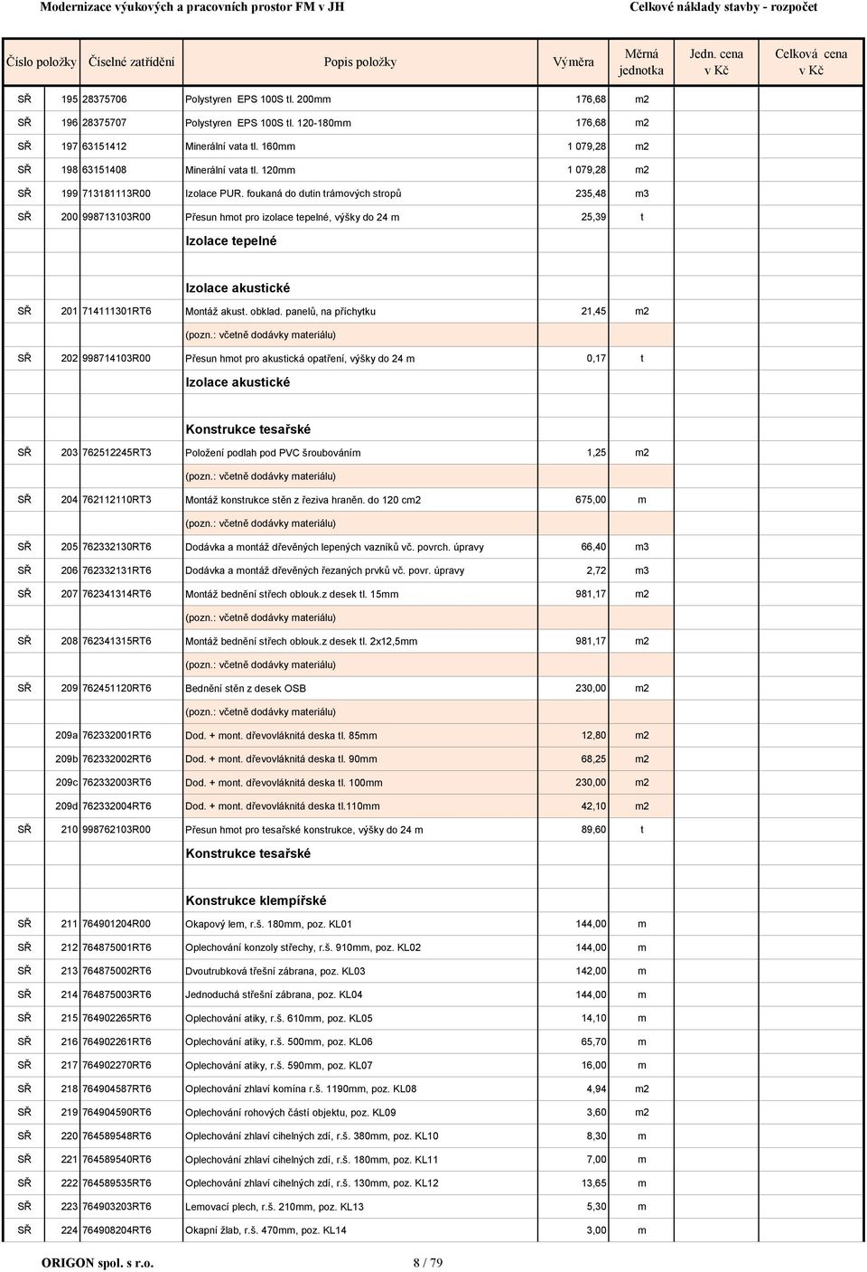 160mm 1 079,28 m2 SŘ 198 63151408 Minerální vata tl. 120mm 1 079,28 m2 SŘ 199 713181113R00 Izolace PUR.