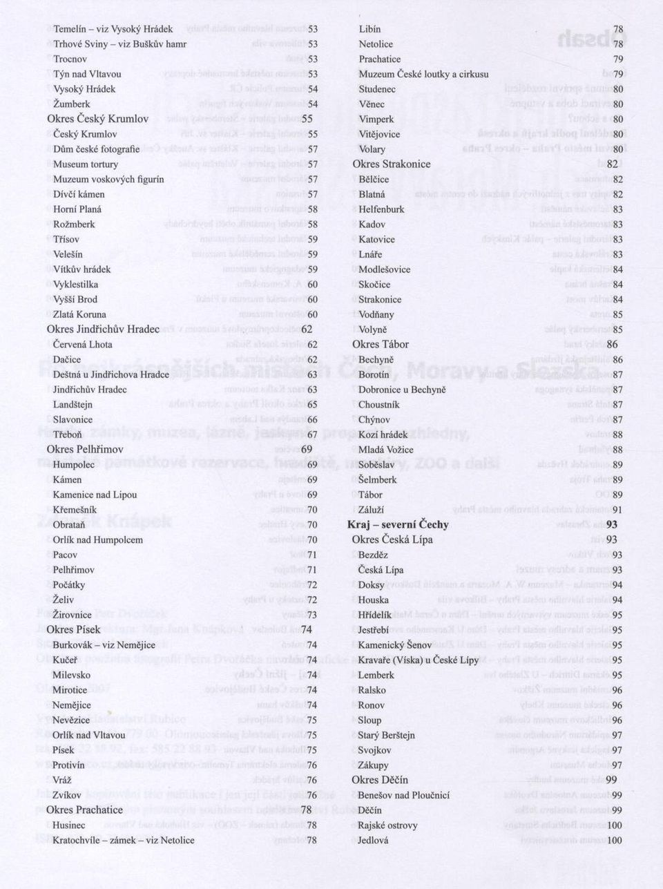 radec 62 Červená Lhota 62 Dačice 62 Deštná u Jindřichova Hradce 63 Jindřichův Hradec 63 Landštejn 65 Slavonice 66 Třeboň 67 O k re s P elh řim o v 69 Humpolec 69 Kámen 69 Kamenice nad Lipou 69