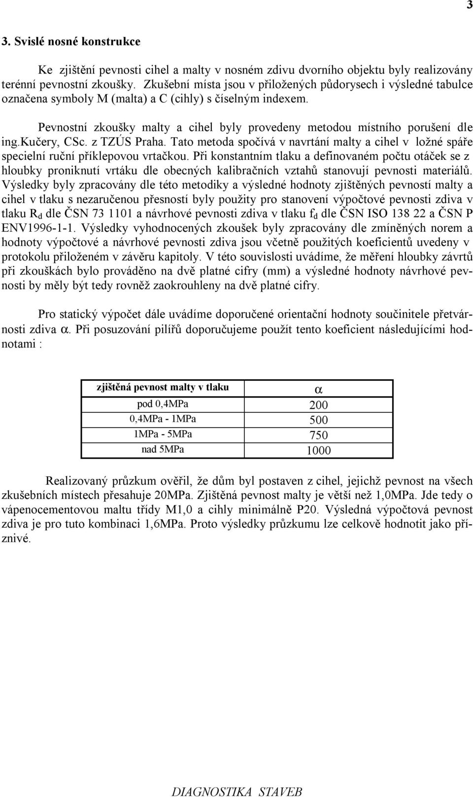 Pevnostní zkoušky malty a cihel byly provedeny metodou místního porušení dle ing.kučery, CSc. z TZÚS Praha.