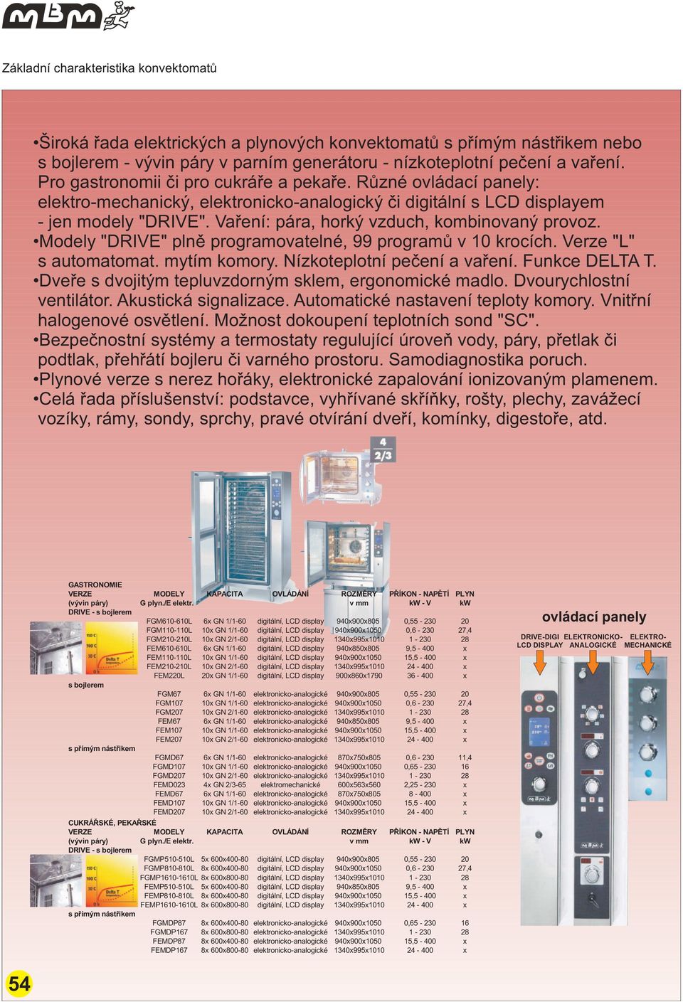 Vaøení: pára, horký vzduch, kombinovaný provoz. Modely "DRIVE" plnì programovatelné, 99 programù v 10 krocích. Verze "L" s automatomat. mytím komory. Nízkoteplotní peèení a vaøení. Funkce DELTA T.