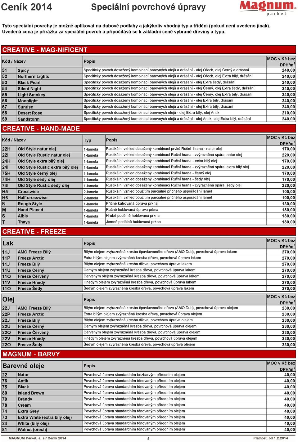 CREATIVE - MAG-NIFICENT Kód / Název 51 Spicy Specifický povrch dosažený kombinací barevných olejů a drásání - olej Ořech, olej Černý a drásání 2 52 Northern Lights Specifický povrch dosažený